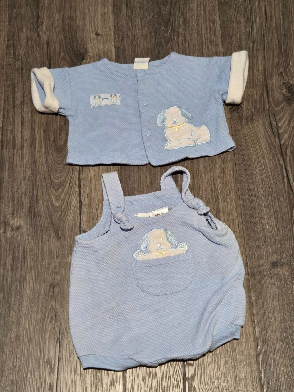 Vintage 90s McBaby Baby Romper & Cardigan Set Blue Puppy Size 12 Months